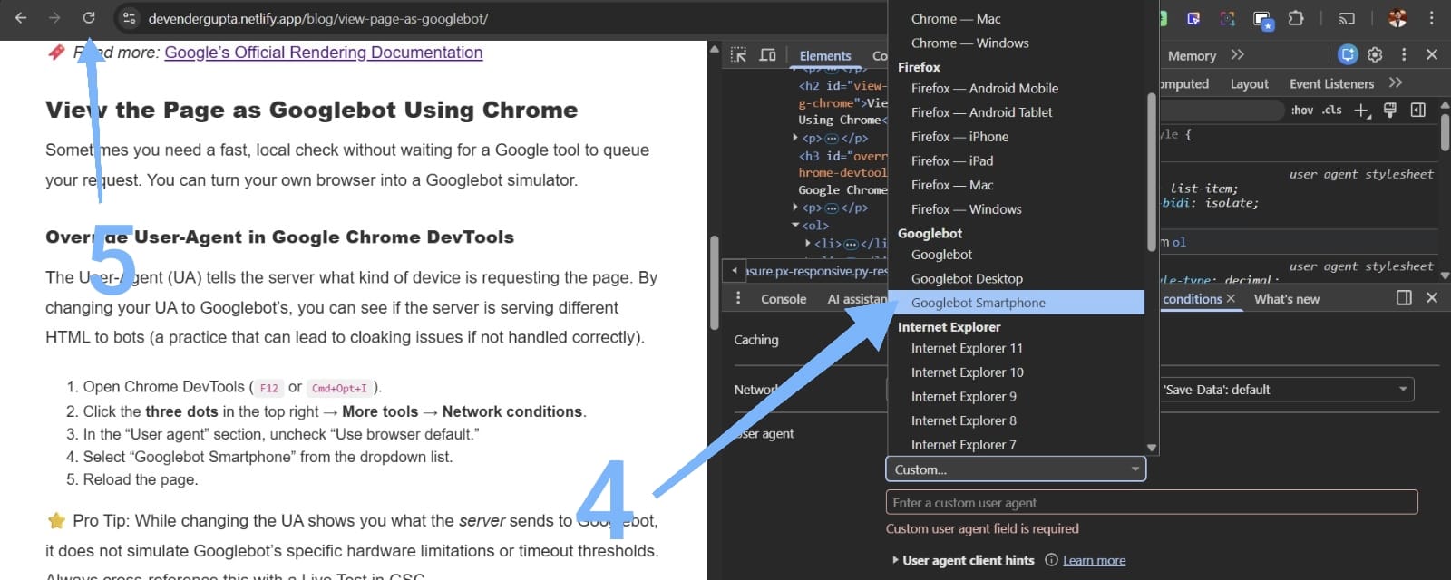 Select Googlebot Smartphone user agent in DevTools